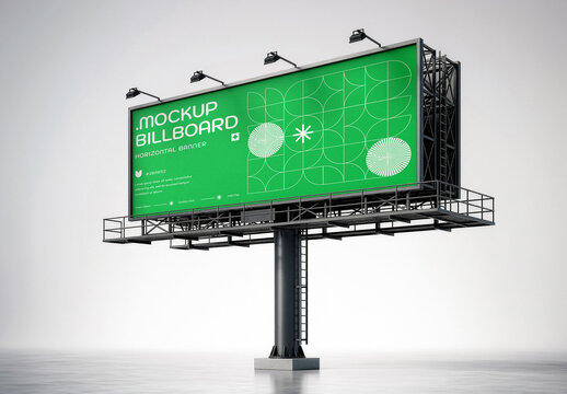 Black Billboard Mockup. Outdoor Advertising Display, 3D Render Template, Low Perspective Angle View