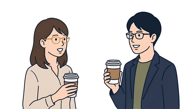 コーヒーを手に持って笑顔で会話を楽しむ眼鏡をかけたビジネスマンとビジネスウーマン