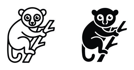 Lemur icon set in outline and solid black styles, cute primate sitting on a tree branch vector, exotic animal logo for wildlife conservation © Faisal
