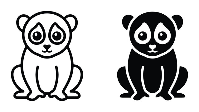 Slow loris vector icon set, cute cartoon primate character in outline and solid black styles, exotic animal mascot for wildlife conservation and education