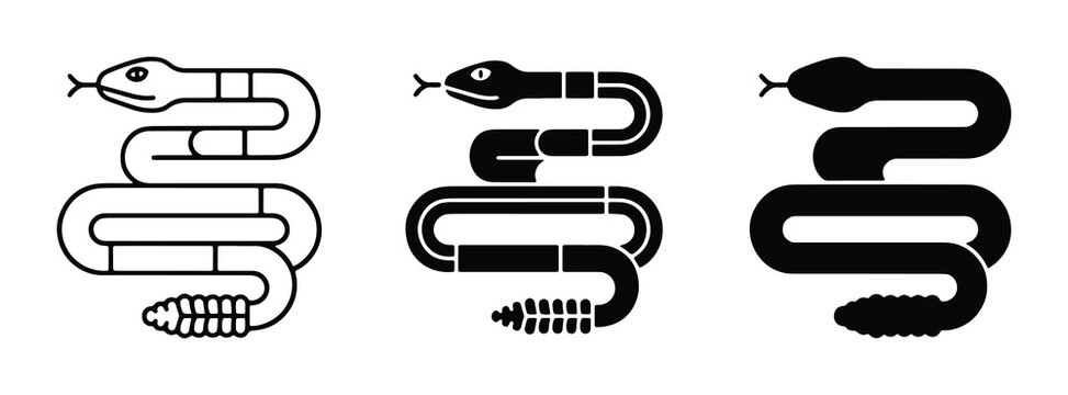 Rattlesnake icon set in minimalist black and white, coiled snake vector illustrations, three variations of serpent line art and silhouette graphics