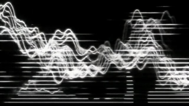 Luminescent white horizontal lines ripple and undulate across an infinite abstract grid against a matte black void, creating a hypnotic waveform pattern, concept of futuristic digital art