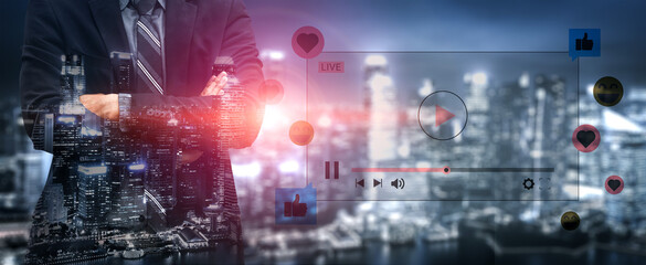 A business professional stands in front of a vibrant cityscape with social media interaction icons, illustrating the significance of digital engagement in modern communication. Ledger © InfiniteFlow