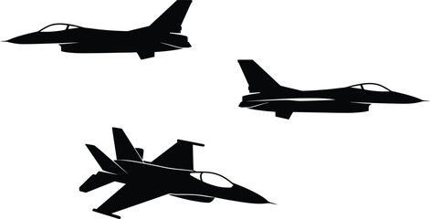 A striking vector illustration showcasing a dynamic collection of black fighter jet silhouettes, including various combat aircraft designs, perfect for military and aviation themes. © SKY DRIVE