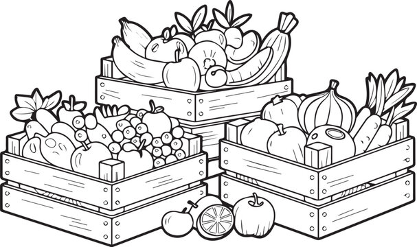 hand drawn wooden crates filled with fresh autumn harvest vegetables and flowers illustration