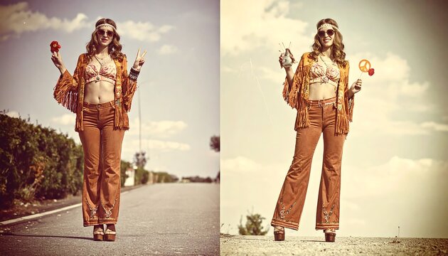 Hippie woman posing on countryside road wearing retro clothing style with peace sign gestures in vintage filter. AI Generated