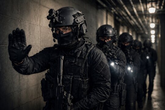 Special forces soldiers in black uniform giving hand signal during raid. Armed SWAT team moving through dark hallway
