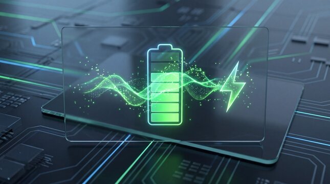 Illustrative digital battery icon glowing with vibrant green energy waves, symbolizing efficient power replenishment and advanced technological progress on a futuristic circuit board