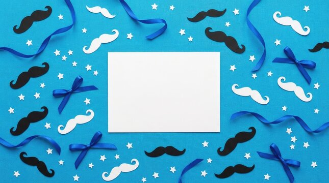 Moustache and ribbon pattern with blank paper sheet for message on bright blue background for father day greeting.