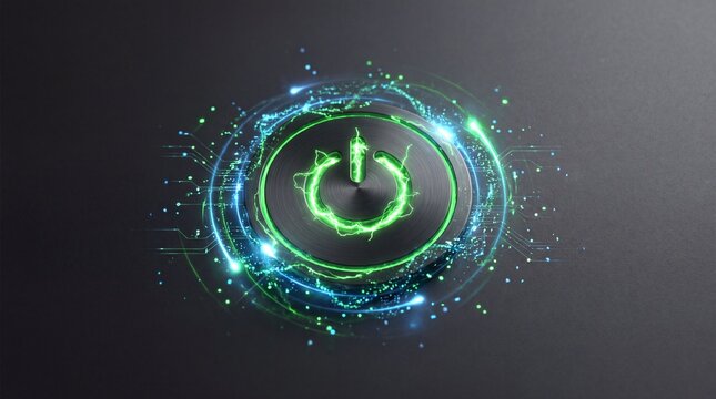 Futuristic power button symbol glowing with vibrant green and blue energy particles, representing technology and digital innovation in a modern design