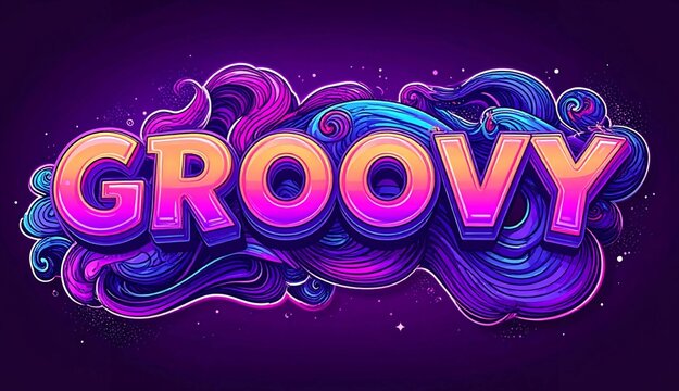 Word groovy written in colorful stylized font surrounded by vibrant psychedelic swirling abstract graphic shapes. AI Generated