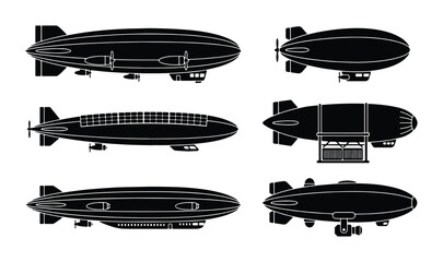 Vintage zeppelin airship silhouettes, set of 6 dirigible blimp vector icons, retro steampunk aviation transport elements for historical design © Farjana