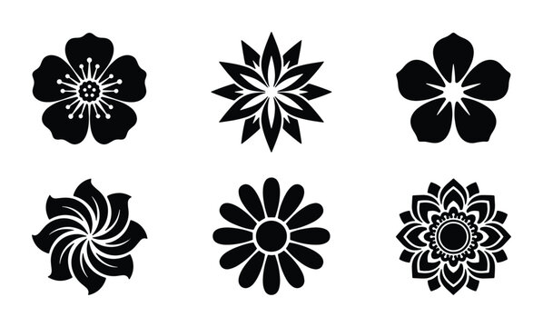 Minimalist black flower icons set, floral vector silhouettes, 6 decorative blossom symbols for logo design and branding, simple botanical elements