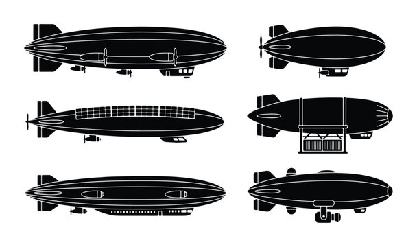Vintage zeppelin airship silhouettes, set of 6 dirigible blimp vector icons, retro steampunk aviation transport elements for historical design