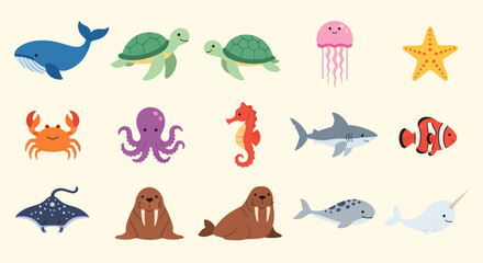 Cartoon sea creatures set on beige © Kaskus