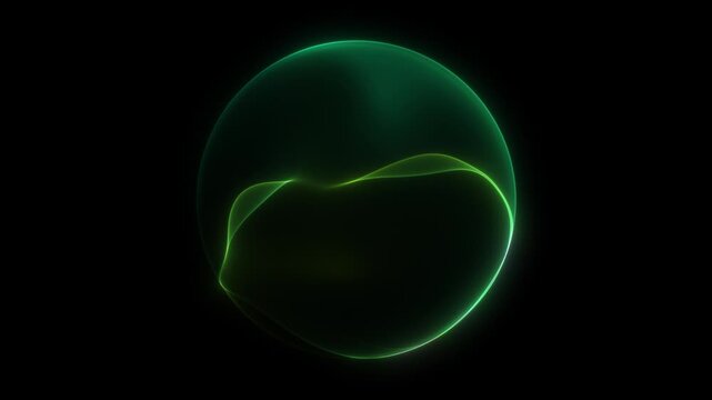 Green luminous sphere with flowing inner wave motion in dark space. Smooth round form shaping abstract energy field. Seamless loop digital volume with soft glow and futuristic eco aura