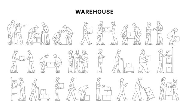 Minimal CAD delivery service drawings set with scooter courier, package handover and walking poses, side view symbols in clean architectural line style for logistics plans and layouts
