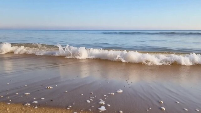 Gentle ocean waves lap on sandy beach at sunrise, peaceful seascape.