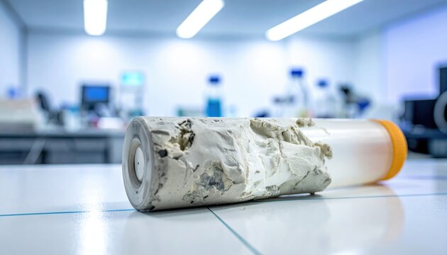A crushed and deformed plastic container rests on a sterile laboratory surface. This macro shot highlights industrial wear within a bright and clinical research environment.