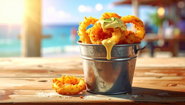 Crispy golden deep fried calamari rings served in a galvanized metal bucket with zesty aioli dipping sauce on a wooden table at the beach during a sunny summer vacation day.