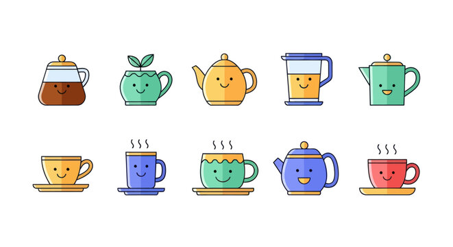 Cartoon tea pots and cups collection