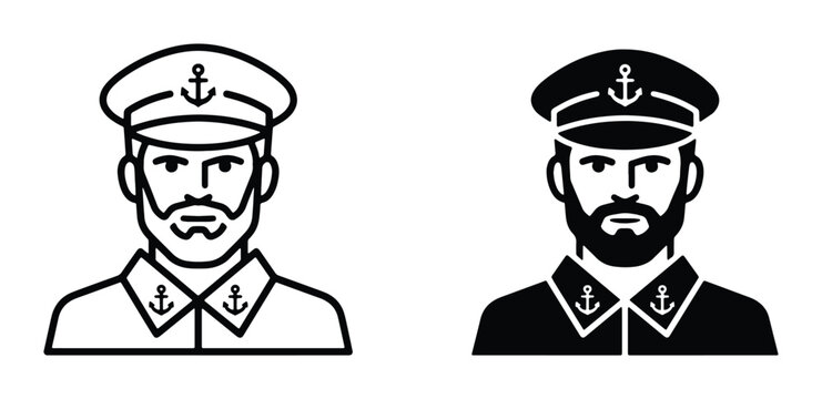 Nautical sea captain avatar icons, bearded sailor man in uniform with anchor hat, black and white maritime officer vector set for logo design