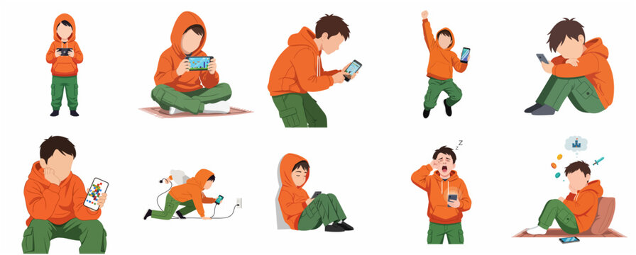 Vector illustration set of a young boy using a smartphone, depicting mobile gaming, digital addiction, charging, and various emotions on white background