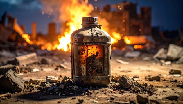 A dented metal canteen sitting among piles of debris and rubble in front of a raging fire, capturing the stark atmosphere of a post apocalyptic landscape or a scene of intense destruction.