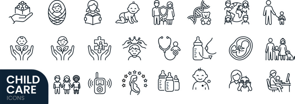 Child care and baby development line icons set, family protection and pregnancy vector symbols collection on transparent background