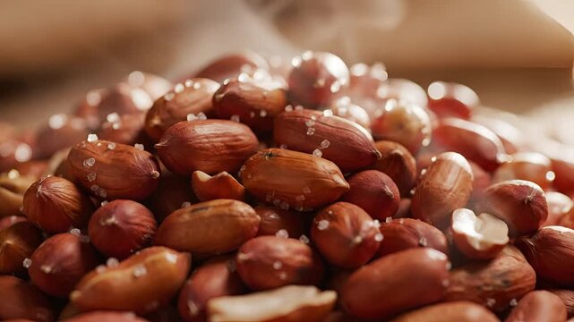 Closeup of Roasted Peanuts with Salt Sprinkled.