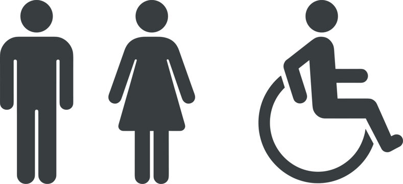 Restroom and toilet icon set, male female and disabled wheelchair sign silhouettes, public bathroom navigation symbols on transparent background