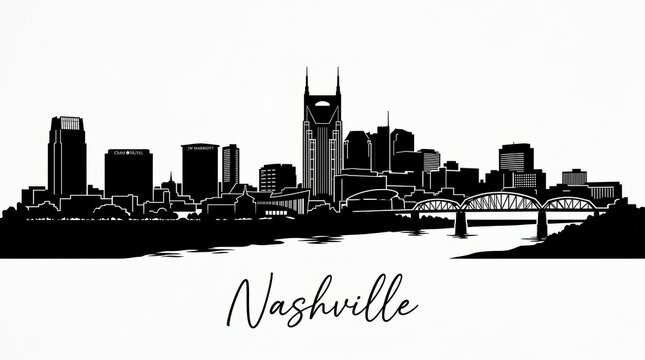 Silhouette skyline of Nashville including AT&T &ldquo;Batman&rdquo; Building and music-inspired skyline. Clean monochrome, no people. Bottom: "Nashville" handwritten font.