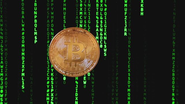 Une pi&egrave;ce de cryptomonnaie appara&icirc;t devant un flux de donn&eacute;es, sugg&eacute;rant la rapidit&eacute; des transactions num&eacute;riques du bitcoin.