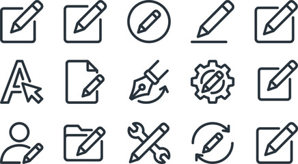 Obraz premium Edit, icon, set, pencil, write, design, tool, interface, button, outline, vector, simple, flat, sign, symbol, update, customize, document, note, blog