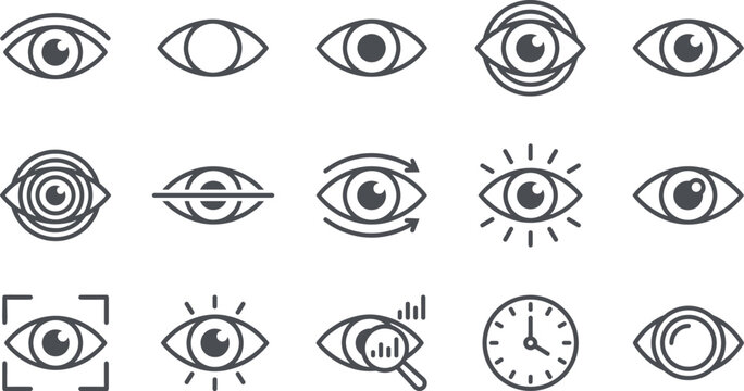 Eye, icons, set, for, vision, security, surveillance, monitoring, data, analysis, biometric, scan, optical, view, watch, observation, focus, sight, interface, vector