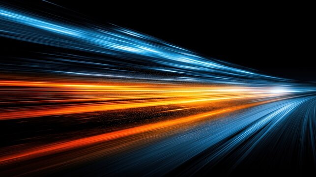 High speed light with blue and orange stripes in abstract, futuristic technological concept, showing motion blur against fast forward timeline background, creating a captivating visual effect that rep