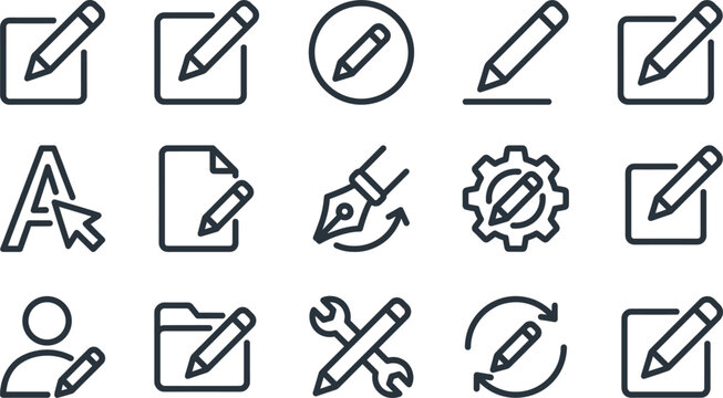 Edit, icon, set, pencil, write, design, tool, interface, button, outline, vector, simple, flat, sign, symbol, update, customize, document, note, blog