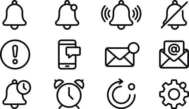 Notification icon set featuring bell alerts, message reminders, alarm clocks, email symbols, and setting updates for digital interface mobile app design.