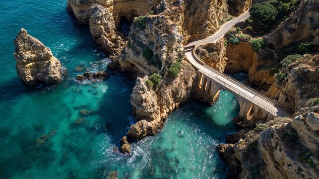 People see cliffs, sea, a bridge, an arch, and a person from above at Pinhao fort bridge in Lagos, Portugal.