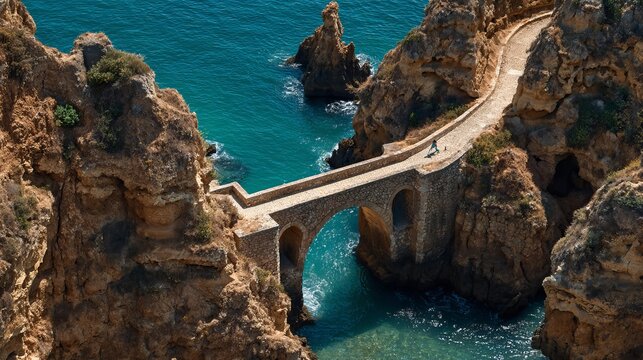 People see cliffs, sea, a bridge, an arch, and a person from above at Pinhao fort bridge in Lagos, Portugal.