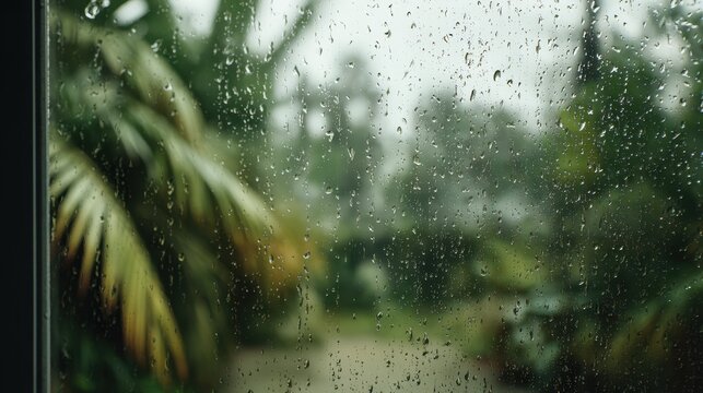 Raindrops on Window with Green Foliage Background