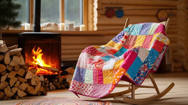 Colorful patchwork quilt on rocking chair by fireplace in cozy log cabin.