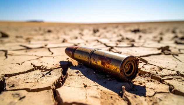 A weathered and rusted ammunition casing resting on the parched cracked earth of a barren desert landscape under a clear sky.