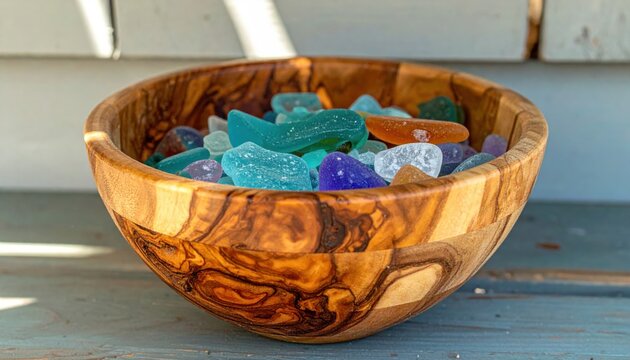A collection of colorful smoothed sea glass shards resting inside a rustic carved olive wood bowl, showcasing vibrant coastal textures and aesthetic interior design details for home decor.