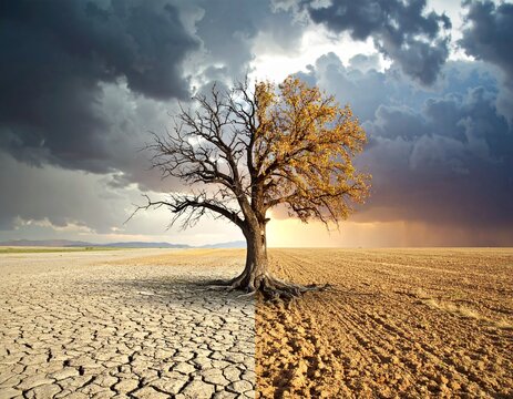 &Aacute;rbol dividido entre vida y muerte en paisaje &aacute;rido con cielo tormentoso