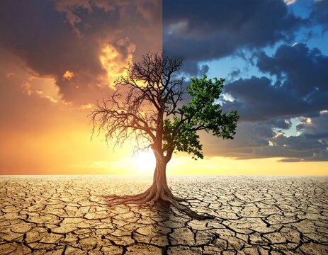 &Aacute;rbol dividido entre vida y muerte en paisaje &aacute;rido con cielo tormentoso