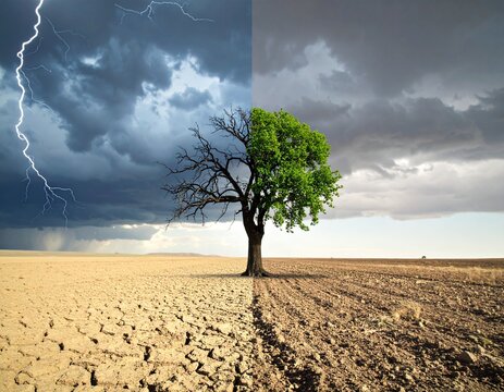 &Aacute;rbol dividido entre vida y muerte en paisaje &aacute;rido con cielo tormentoso