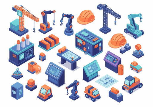 Collection of isometric industrial elements including cranes, robots, factory buildings, and construction helmets.