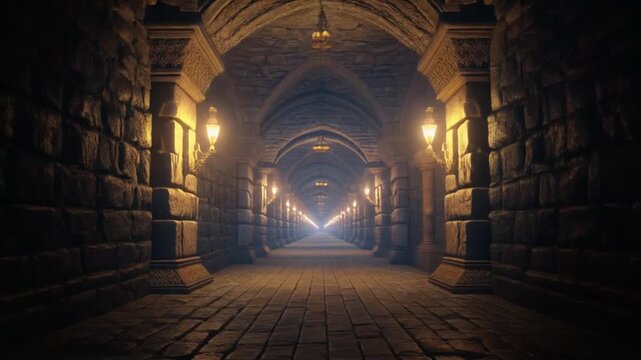 Mysterious Ancient Stone Tunnel with Lanterns and Arches - Dramatic Lighting