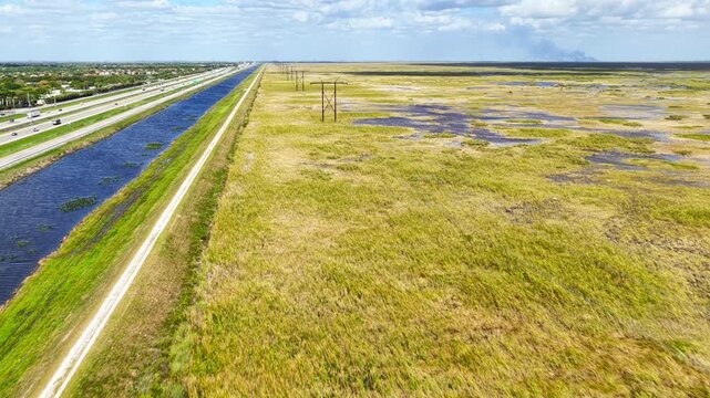 Electric power lines over the Florida Everglades 4k